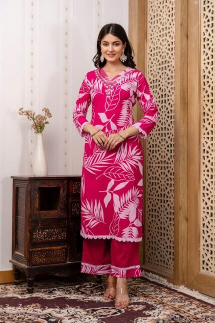 Floral Printed Notch Neck Straight Kurta with Palazzo (Pink)