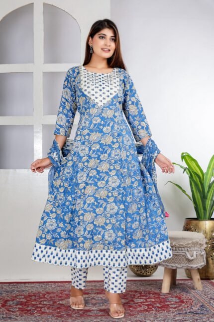 Floral Print Anarkali Kurta  (Light Blue, White)