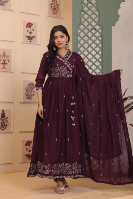 Printed Anarkali Kurta, Bottom & Dupatta Set (Purple)